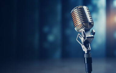 Fototapeta na wymiar Side view of a radio microphone with studio background blur 