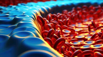 Obraz premium 3D illustration mockup of the human organ systems, circulatory, digestive, red and white bloodcells wtih blurred backgroun. Medical education concept, Generative AI illustration