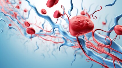 3D illustration mockup of the human organ systems, circulatory, digestive, red and white bloodcells wtih blurred backgroun. Medical education concept, Generative AI illustration