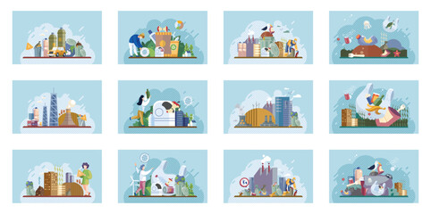 Obraz premium Waste pollution set. Contamination awareness ecological environmental concept flat compositions set with industrial and housekeeping waste. Refuse trash garbage in dirty city. Ecology, nature problem