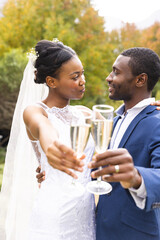 Happy african american bride and groom toasting with champagne smiling at each other in sunny garden