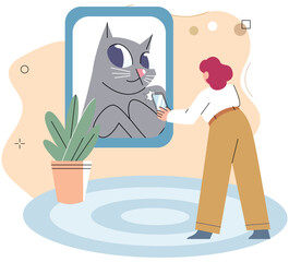 Pet owner taking mobile photo of her cute playful cat at home. Person shooting with smartphone her funny kitty. Feline animals fooling and playing. Social networks and love for domestic animals