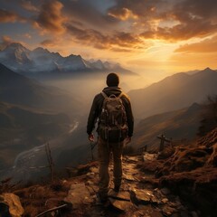 Fototapeta na wymiar A hiker standing on a mountain peak, with a breathtaking sunset sky as the backdrop generative ai