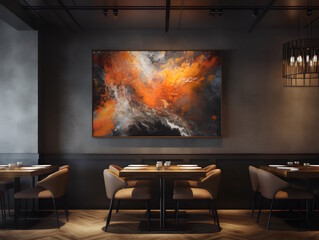 Artistic Display in Industrial Modern Restaurant, Focused on Framed Artwork, Perfect for Interior Design Inspiration. Generative AI