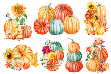 Set of Pumpkins on an isolated white background. Watercolor illustration, hand drawing pumpkin. Autumn art