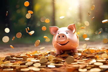 Fotobehang Happy piggy bank and flying golden coins on green garden background. Concept of saving money and seasonal sales © Elena