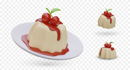 Set of realistic images of panna cotta. Dessert in different positions, on plate and without. Served sweets decorated with fresh cherries. Isolated vector image