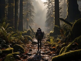 Obraz premium A backpacker hiking through a dense forest, sunlight streaming through the trees generative ai