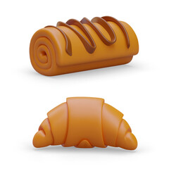 Vector set of pastries. Realistic swiss roll with chocolate, croissant. Delicious dessert. Isolated illustration on white background. 3D objects with shadows