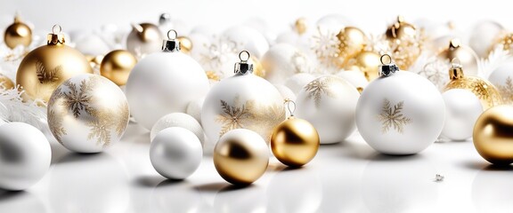 Fototapeta na wymiar Winter holiday wallpaper. Festive white and gold Christmas ornaments and baubles. White Christmas decoration on white