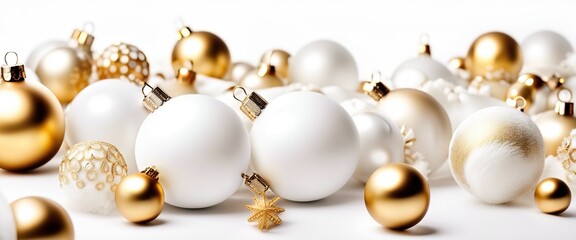 Christmas background, blank frame decorated with assorted ornaments, white and gold balls, stars and snowflakes.