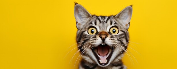 Bengal Kitten or Cat on Yellow Background, Energetic Expressions and Big Mouth Captured with Photo Realistic Techniques, generative ai