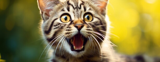 Obraz premium Bengal Kitten or Cat on Yellow Background, Energetic Expressions and Big Mouth Captured with Photo Realistic Techniques, generative ai