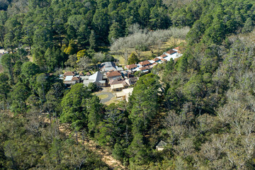 Drone aerial photograph of the now closed and unused Queen Victoria Sanatorium and Hospital near Wentworth Falls in the Blue Mountains of New South Wales in Australia - obrazy, fototapety, plakaty