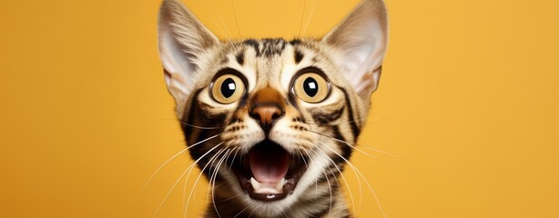 Obraz premium Bengal Kitten or Cat on Yellow Background, Energetic Expressions and Big Mouth Captured with Photo Realistic Techniques, generative ai