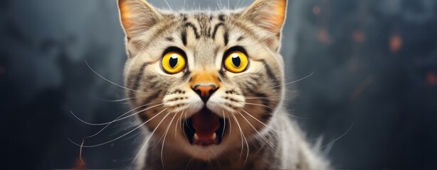 Bengal Kitten or Cat on Yellow Background, Energetic Expressions and Big Mouth Captured with Photo Realistic Techniques. - obrazy, fototapety, plakaty