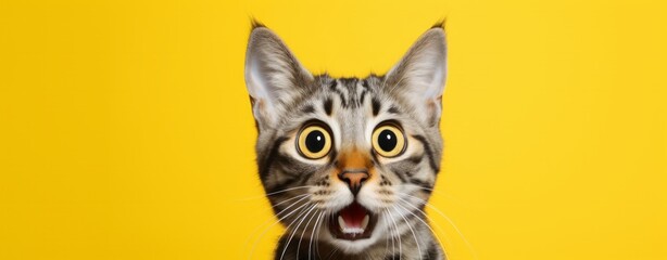 Bengal Kitten or Cat on Yellow Background, Energetic Expressions and Big Mouth Captured with Photo Realistic Techniques. - obrazy, fototapety, plakaty
