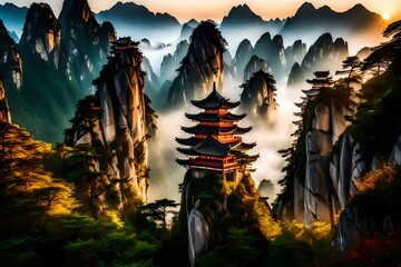 The beautiful Huangshan mountains landscape at sunrise in China with an amazing scene. The sunlight breaks through the horizon, revealing a breathtaking panorama. 