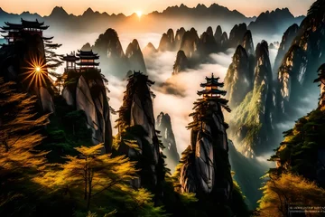 Papier Peint photo Monts Huang The beautiful Huangshan Mountains landscape at sunrise in China with an amazing scene. The first rays of the sun gently touch the earth, awakening the landscape from its slumber. 