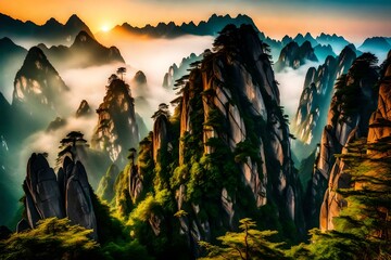 The beautiful Huangshan Mountains landscape at sunrise in China with an amazing scene. The rising sun casts a warm golden glow over the jagged peaks, illuminating the misty valleys below.