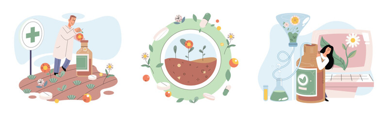 Homeopathy and herbal remedies set. Medical research laboratory diagnostics. Homeopathic treatment and phytotherapy. Traditional herb recipes of alternative medicine. Medicine pharmacy. Herbal pills