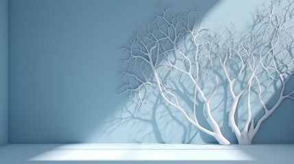 Soothing Light Blue Minimalism: Abstract Background with Delicate Tree Branch Shadows for Elegant Product Presentation. Generative AI