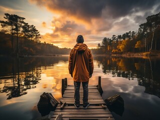 A traveler sitting on a dock, watching a sunrise over a calm lake generative ai
