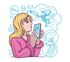 Young female holding phone and searching skiing supplies. Buyer ordering goods via smartphone. Profitable shopping day concept. Flat vector illustration in blue colors in cartoon style