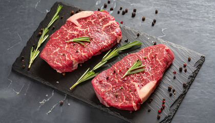uncooked beef steaks with rosemary and finely ground black peppercorn on a black stone plate, landscape view from above