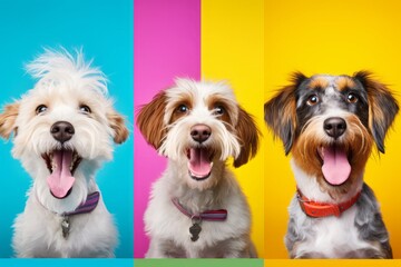 Cute Dog Photos Against a Colorful Background, Showcasing Expressive Faces and Emotional Expressions in a Low-Angle Shot, generative ai