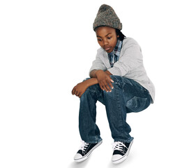 Child, thinking and sad for school, education or youth bullying, mental health and fail. African...