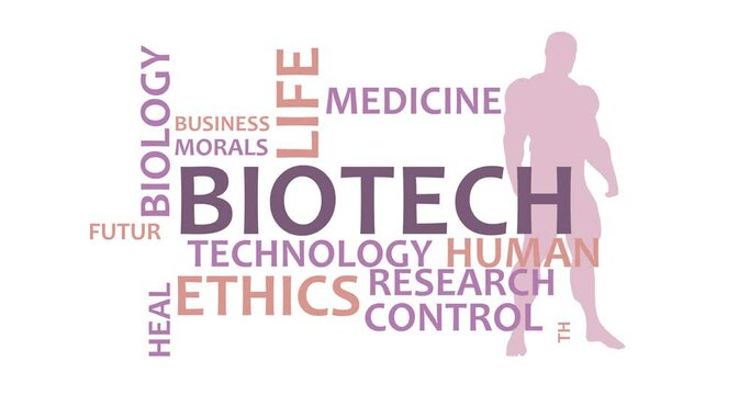 Biotech words cloud. Concept of medicine and technology. Silhouette of muscular man