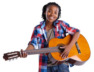 Isolated boy kid, guitar and portrait for music, performance and pride for rock by transparent png...