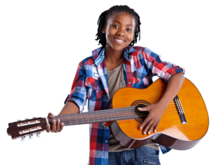 Isolated boy kid, guitar and portrait for music, performance and pride for rock by transparent png background. African child, musician or student with instrument, concert or happy for art development