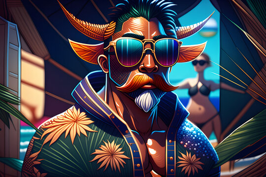 Please draw a picture of Soga wearing a swimsuit and sunglasses at the beach parasol
Generative AI