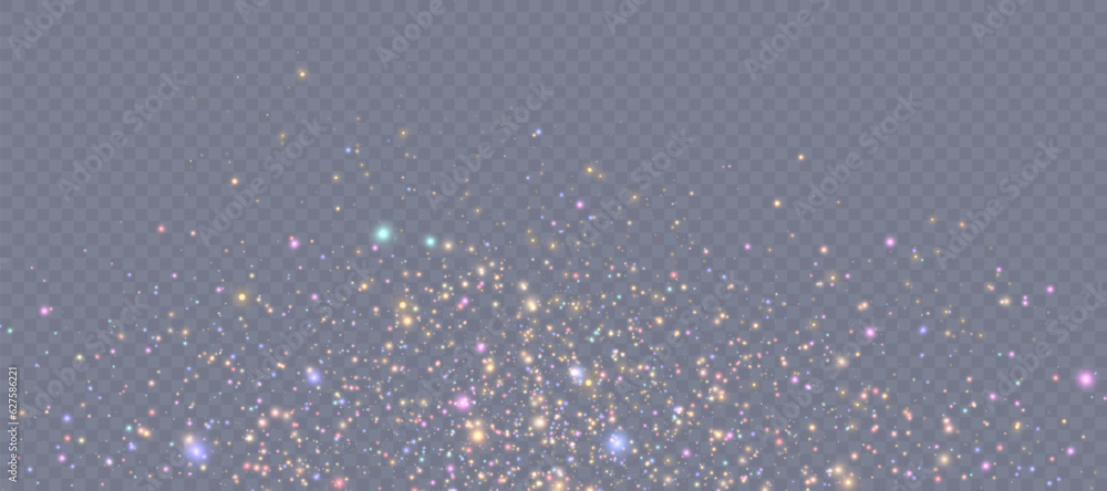 Poster Bokeh light effect with lots of shiny shimmering particles isolated on transparent background. Glitter. Vector star cloud with dust.