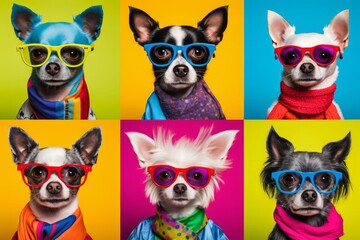 Fototapeta premium Cute Dog Photos Against a Colorful Background, Showcasing Expressive Faces and Emotional Expressions in a Low-Angle Shot, generative ai