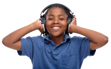 Headphones, music and portrait of African child listening to audio or radio isolated in a transparent or png background. Smile, happy and young kid or boy with sound, podcast or song for happiness