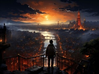 Fototapeta na wymiar A traveler standing on a bridge overlooking a bustling cityscape generative ai