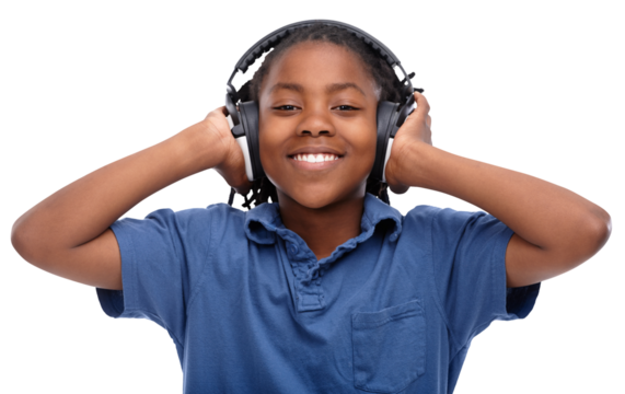 Headphones, music and portrait of African child listening to audio or radio isolated in a transparent or png background. Smile, happy and young kid or boy with sound, podcast or song for happiness