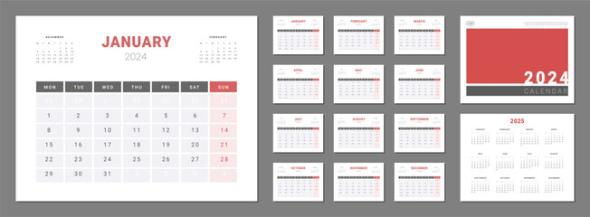 Set of 2024 Calendar Planner Template with Cover and annual calendar 2025. Vector layout of a wall or desk simple calendar with week start monday. Calendar grid in grey, red color for print