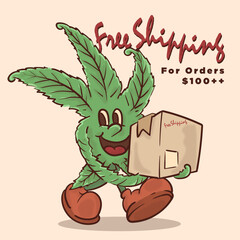 funky face weed holding delivery package for free shipping retro mascot.  cannabis vintage style mascot vector illutration