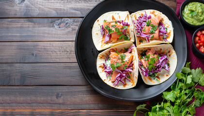 salmon tacos with red cabbage salad with spicy yogurt sauce sprinkled with finely chopped parsley served on a black plate on a dark wooden table, horizontal view from above, flat lay, free space
