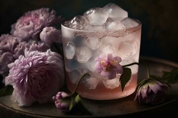 A floral pink beverage served over ice. Generative AI