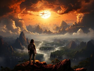 A traveler standing on a cliff edge, overlooking a vast, misty landscape generative ai