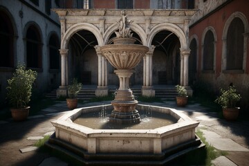 Fototapeta na wymiar A stunning medieval courtyard fountain in Italy's gothic city, captured with Unreal Engine 5's ultra-wide angle lens and hyper-detailed architecture. Generative AI
