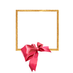 Gold square frame with red bow. Holiday decorative background.