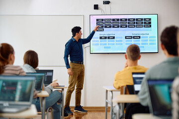 High school teacher using smartboard while teaching students in classroom.