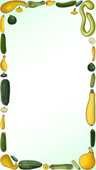 Vertical banner with different types of summer squash. Cucurbita. Cucurbitaceae. Fruits and vegetables. Isolated vector illustration. Template. Cartoon style.