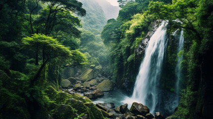 A dreamy view of a cascading waterfall framed by a dense, verdant forest Generative AI